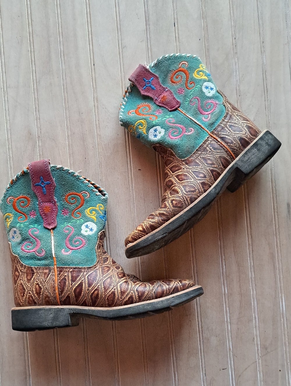 Ariat Western Embroidered Turquoise Brown Square Toe Cowboy Boots Girls Leather